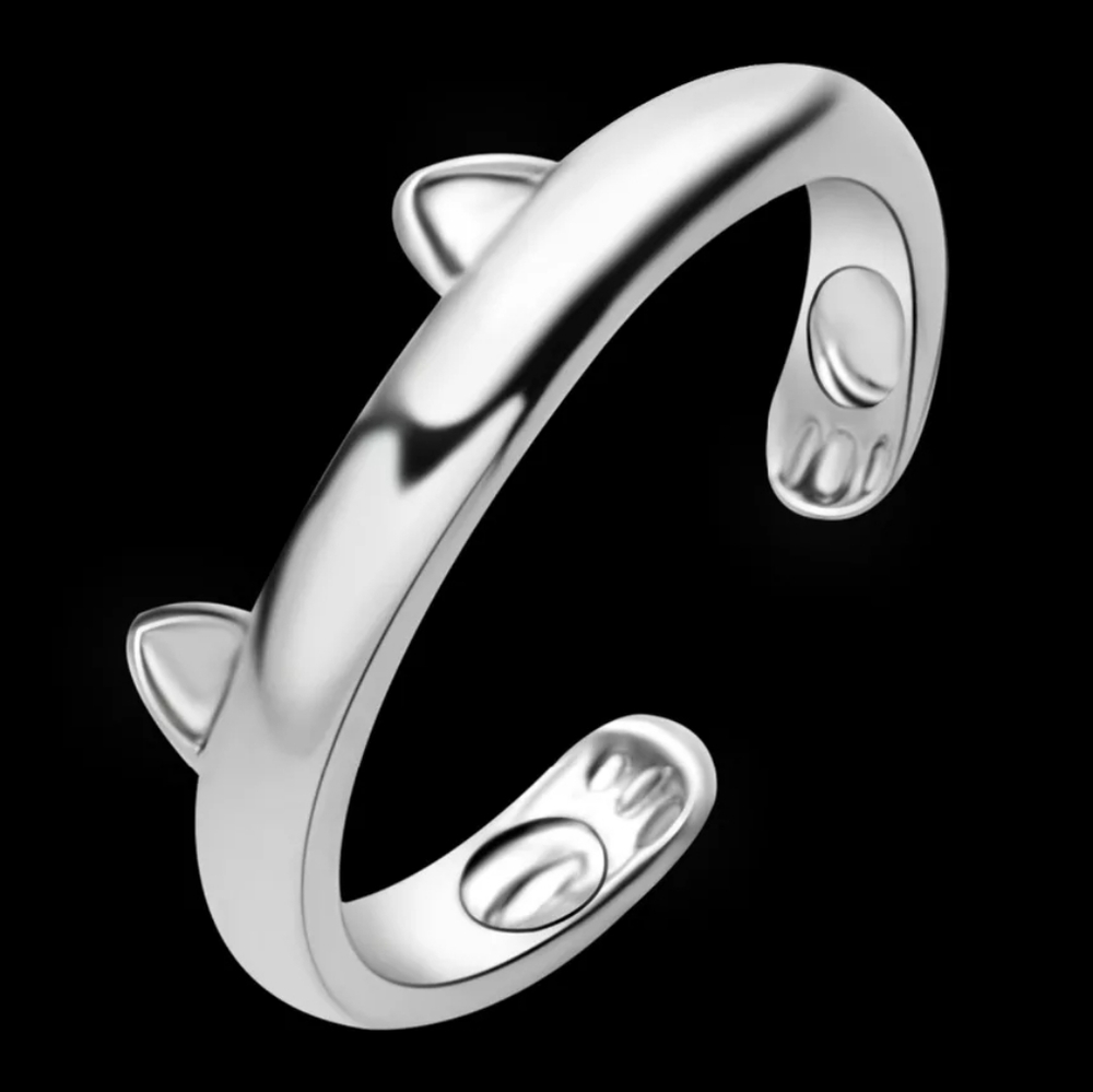 Silver Cat Kitty Ears & Paw Ring New! Adjustable - Picture 3 of 5